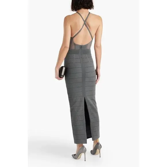 Herve Leger Textured Sheer Bustier Halter Gown Bandage Dress Silver Gray size L - Picture 3 of 15